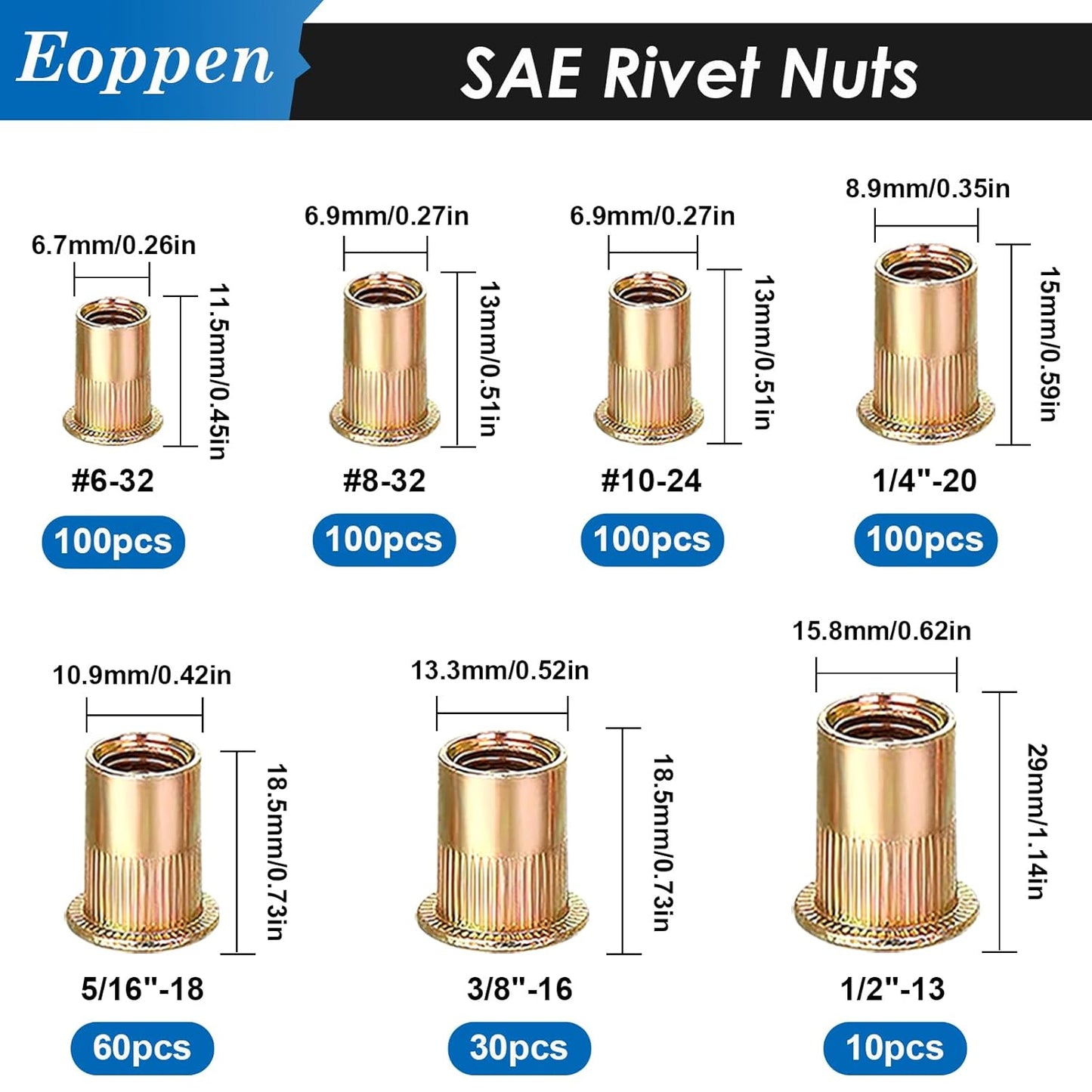1000Pcs SAE & Metric Rivet Nuts Assortment Kit